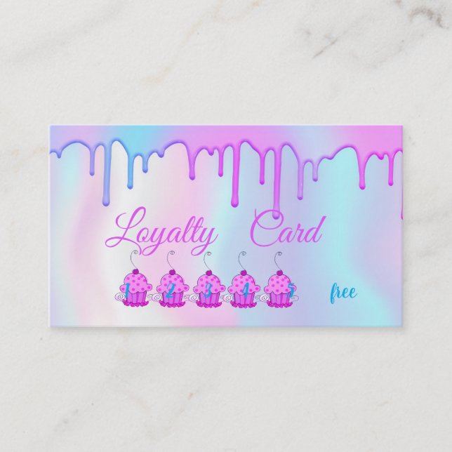 Elegant Modern Cupcakes Drips Colourful Holographi Loyalty Card (Front)