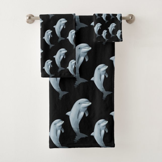Elegant Modern Cute Dolphins on Black Bath Towel Set (Insitu)