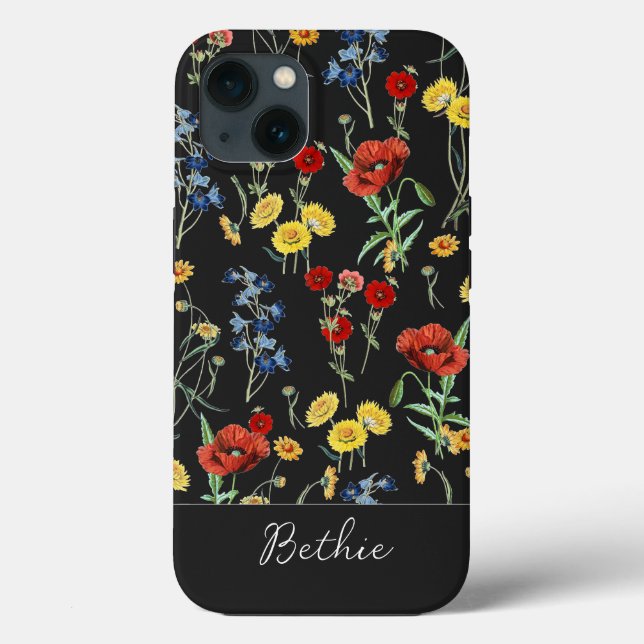Elegant Modern Cute Wildflowers Name Black Case-Mate iPhone Case (Back)