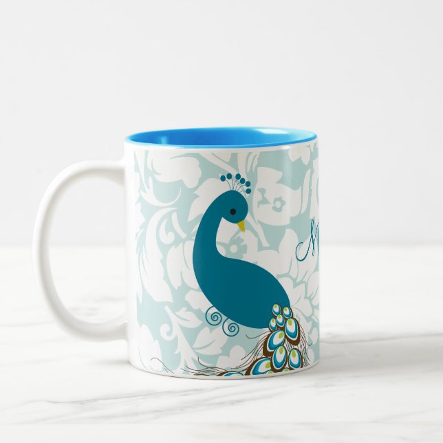 Elegant Modern Damask Peacock Personalized Two-Tone Coffee Mug (Left)