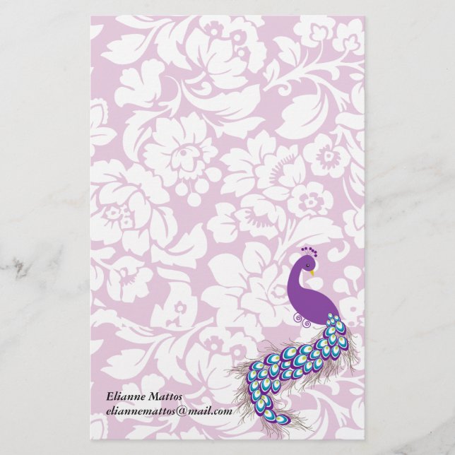 Elegant Modern Damask Purple Peacock Personalized Stationery (Front)