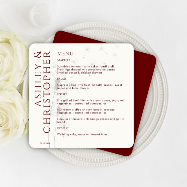 Elegant Modern Dandelion Crimson Red Wedding Menu (Creator Uploaded)