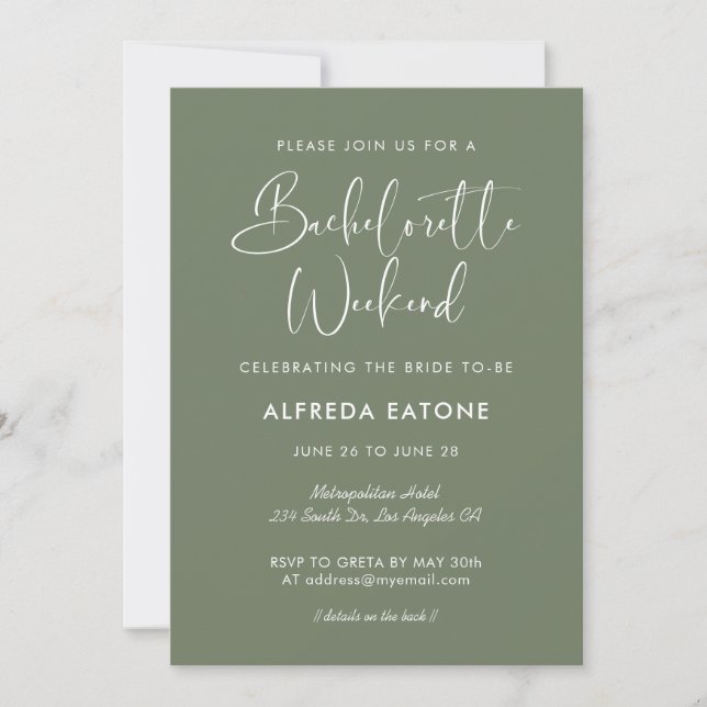 Elegant & modern dark sage Bachelorette Weekend Invitation (Front)