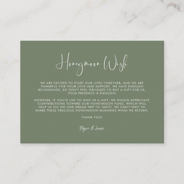 Elegant & modern Dark sage green Honeymoon wish Enclosure Card (Front)