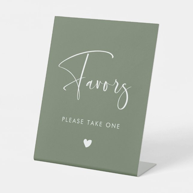 Elegant & Modern Dark Sage Green wedding Favours Pedestal Sign (Front)