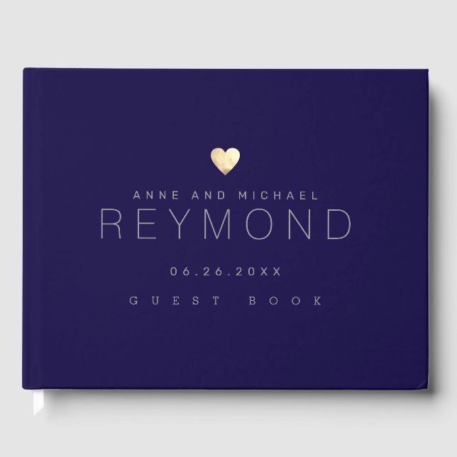 Elegant Modern deep blue with heart Guest Book (Front)
