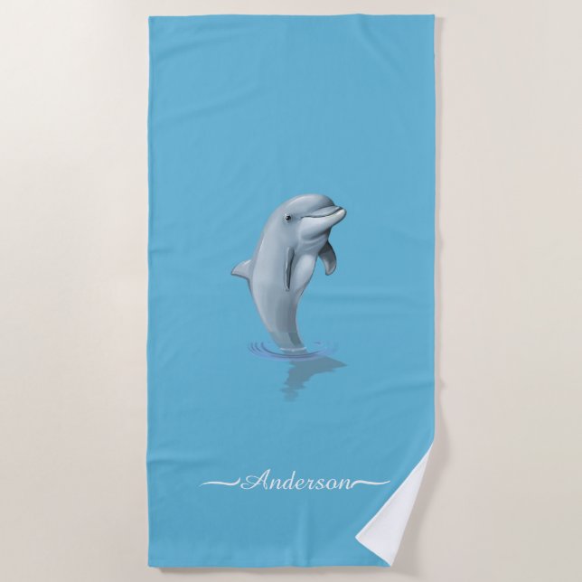 Elegant Modern Dolphin & Script on Turquoise Beach Towel (Front)