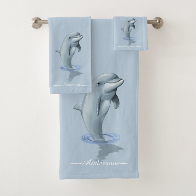 Elegant Modern Dolphin & Script on Wondrous Blue Bath Towel Set (Insitu)