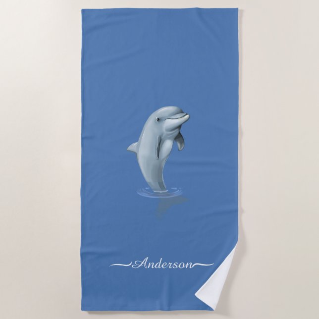 Elegant Modern Dolphin & Script on Wondrous Blue Beach Towel (Front)