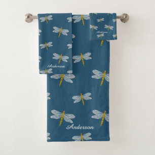 Elegant Modern Dragonflies and Script on Teal Bath Towel Set