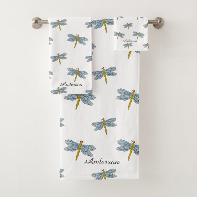 Elegant Modern Dragonflies and Script on White Bath Towel Set (Insitu)