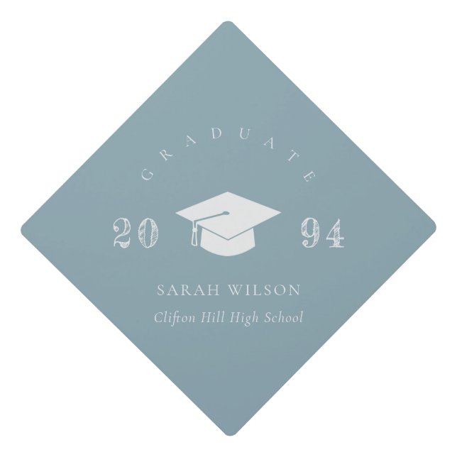 Elegant Modern Dusky Blue Grey Minimal Simple Graduation Cap Topper (Front)