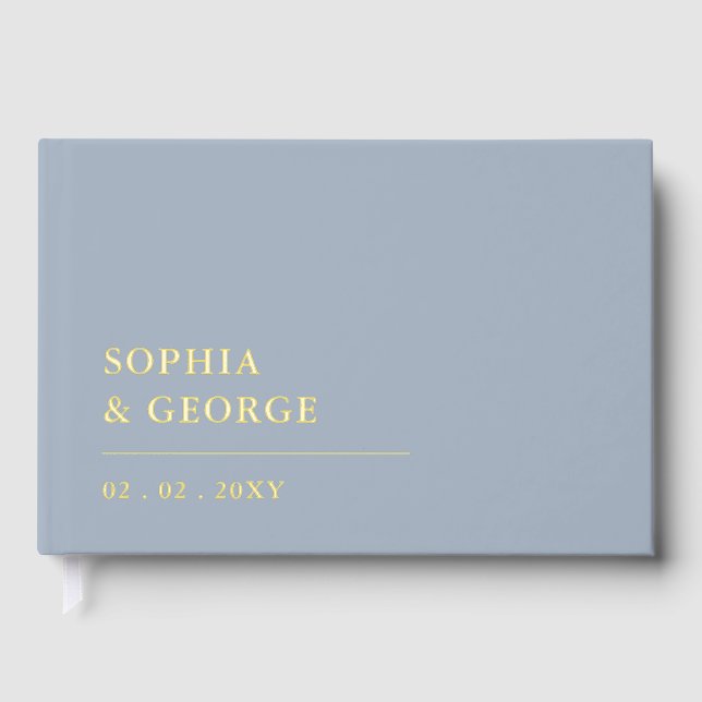 Elegant Modern Dusty Blue and Gold Wedding Guest Book (Front)