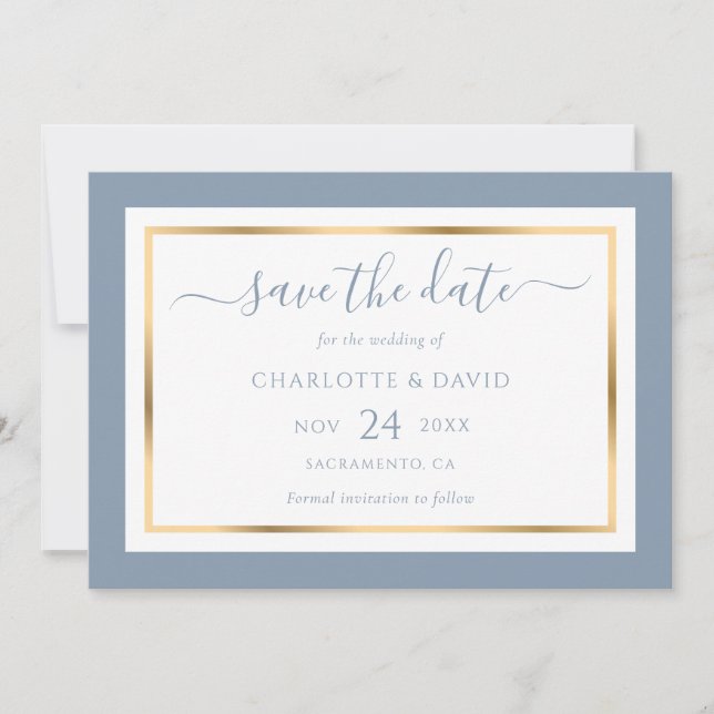 Elegant Modern Dusty Blue and Gold Wedding Save The Date (Front)