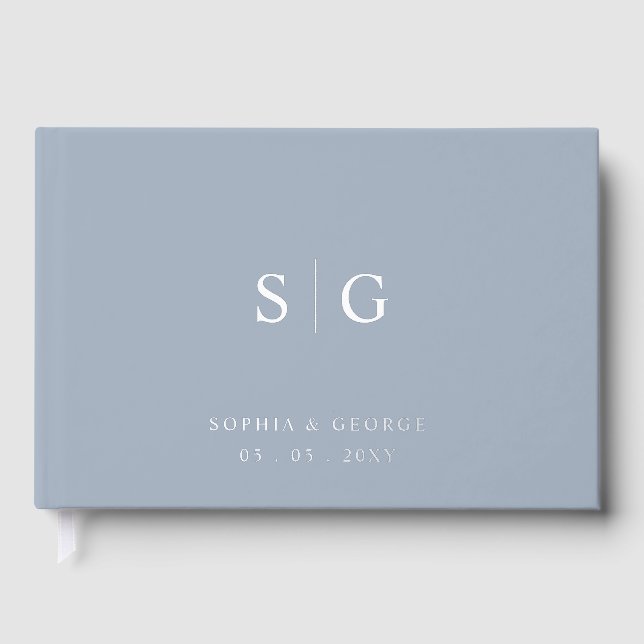 Elegant Modern Dusty Blue and Silver Wedding Guest Book (Front)