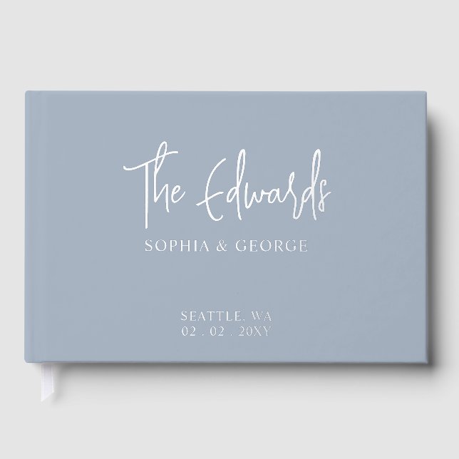Elegant Modern Dusty Blue and Silver Wedding Guest Book (Front)