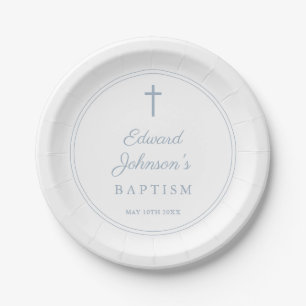 Elegant Modern Dusty Blue Baptism Paper Plate