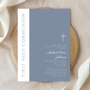 Elegant Modern Dusty Blue Cross First Communion Invitation