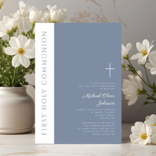 Elegant Modern Dusty Blue Cross First Communion Invitation