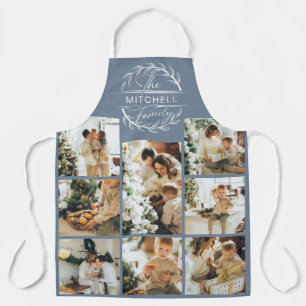 Elegant Modern Dusty Blue Family Photo Collage Ap Apron