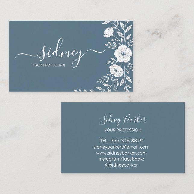 elegant modern dusty blue floral  business card (Front/Back)