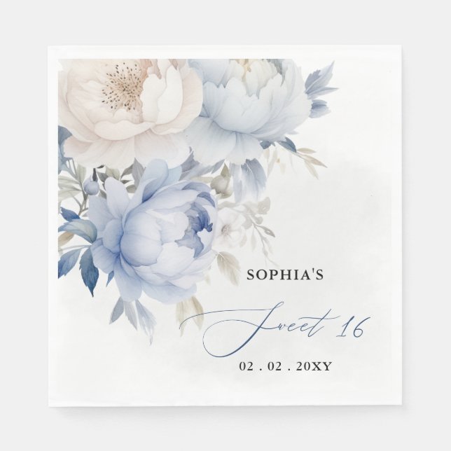 Elegant Modern Dusty Blue Floral Sweet 16 Napkin (Front)