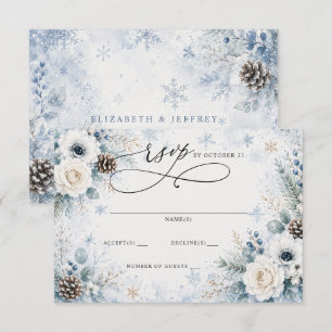 Elegant Modern Dusty Blue Floral Winter Wedding RSVP Card