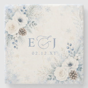 Elegant Modern Dusty Blue Floral Winter Wedding Stone Coaster