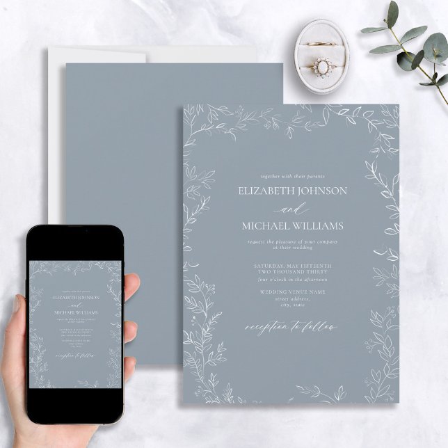 Elegant Modern Dusty Blue Minimal Leaf Wedding Invitation (Creator Uploaded)