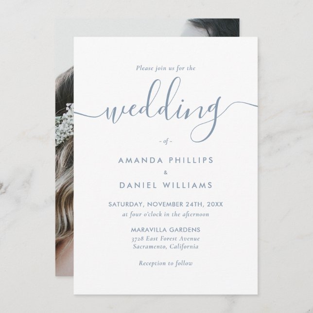 Elegant Modern Dusty Blue Photo Wedding Invitation (Front/Back)
