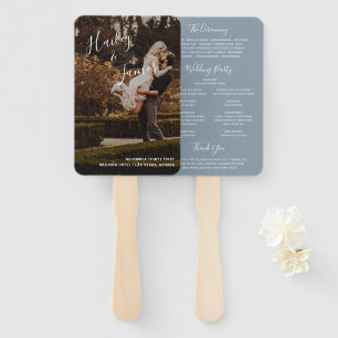Elegant Modern Dusty Blue Photo Wedding Program Hand Fan