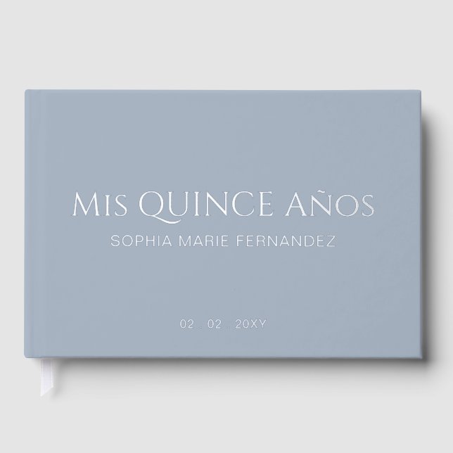 Elegant Modern Dusty Blue Quinceañera Guest Book (Front)