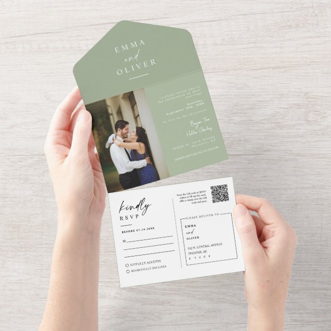 Elegant Modern Dusty Green Boho QR Code Photo RSVP All In One Invitation (Tearaway)