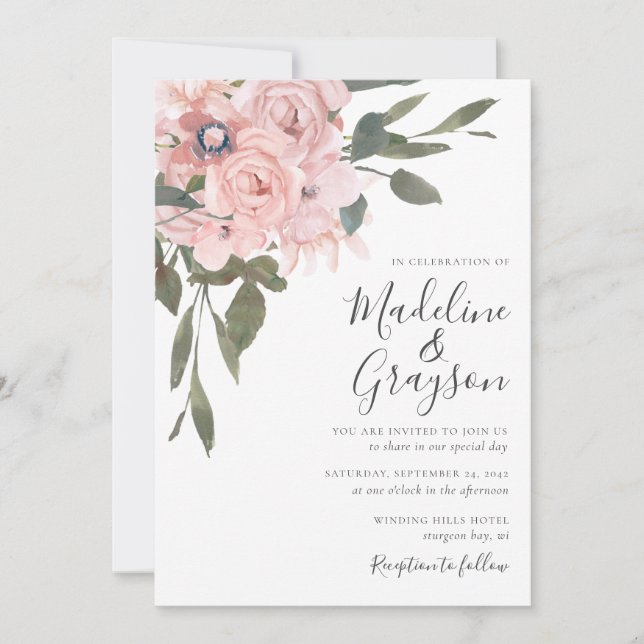 Elegant Modern Dusty Pink Rose Floral Wedding Invi Invitation (Front)