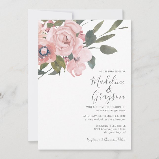 Elegant Modern Dusty Pink Rose Floral Wedding Invitation (Front)