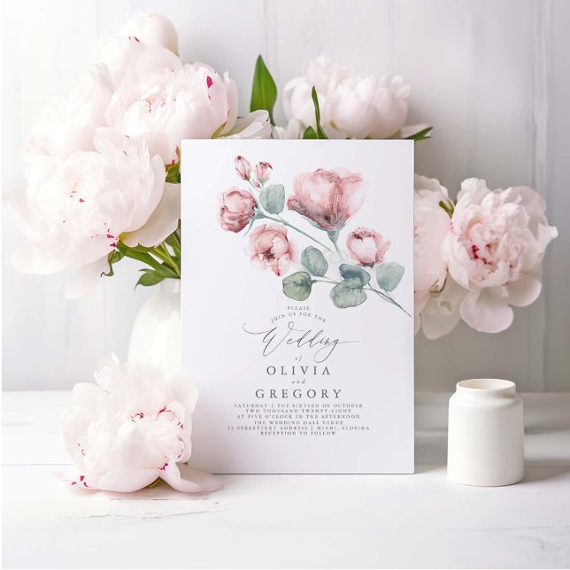 Elegant Modern Dusty Pink Rose Floral Wedding Invitation (Dusty Pink Flowers Minimalist Wedding Invitations)