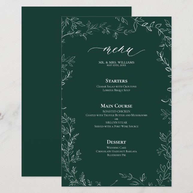 Elegant Modern Emerald Green Leaf Wedding Menu (Front/Back)