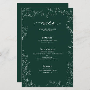 Elegant Modern Emerald Green Leaf Wedding Menu