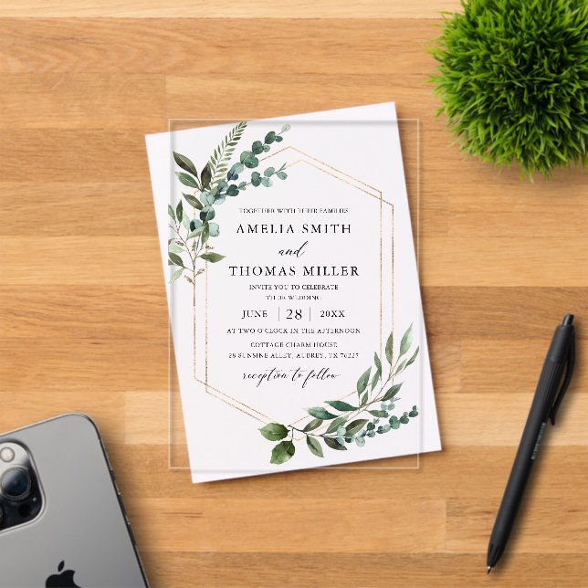 Elegant Modern Eucalyptus Greenery Gold Wedding Acrylic Invitations (Insitu (Invitation Card))