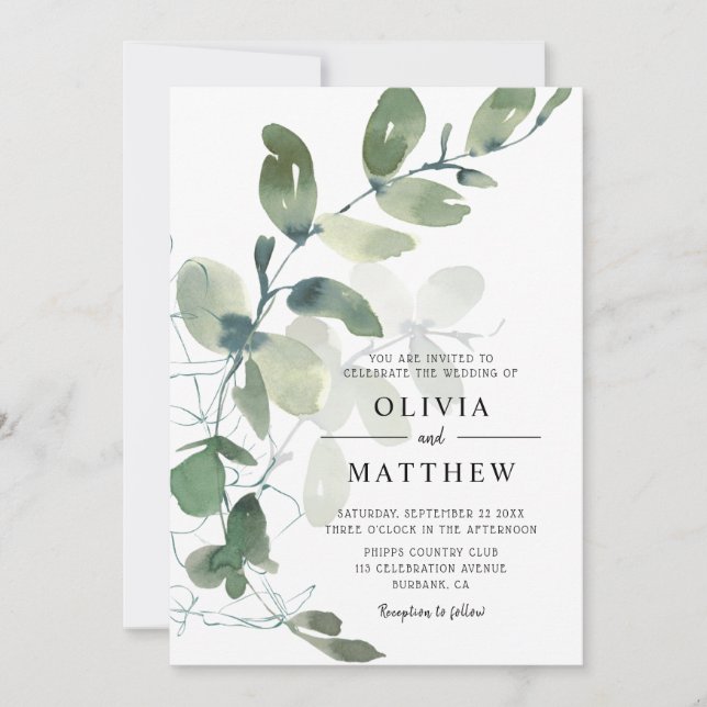 Elegant Modern Eucalyptus Watercolor Wedding Invitation (Front)