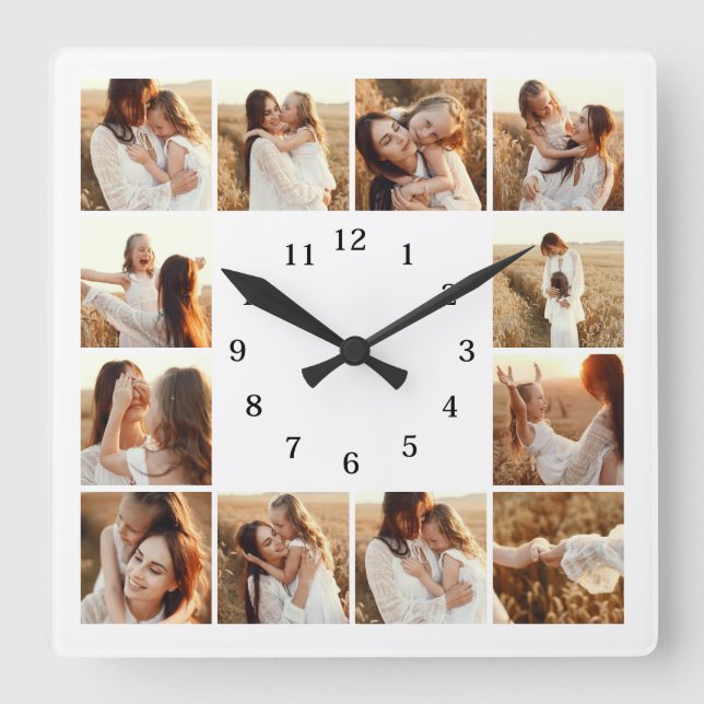 Elegant Modern Family 12 Photo Collage Keepsake Square Wall Clock (Front)
