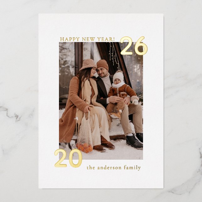 Elegant Modern Family Happy New Year 1 Photo Foil Holiday Card (Front)