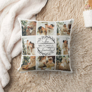 Elegant Modern Family Photo Collage Monogram Gift Throw Pillow
