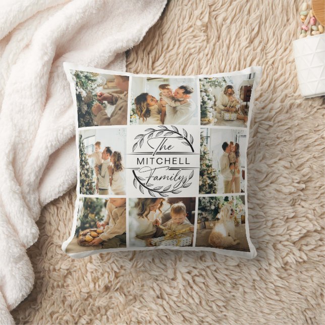 Elegant Modern Family Photo Collage Monogram Gift Throw Pillow (Blanket)