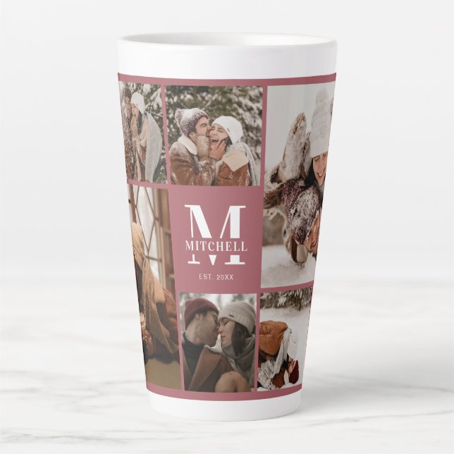 Elegant Modern Family Photo Collage Monogrammed Latte Mug (Front)