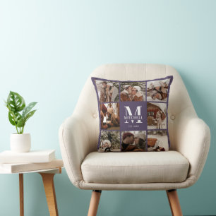 Elegant Modern Family Photo Collage Purple Throw Pillow
