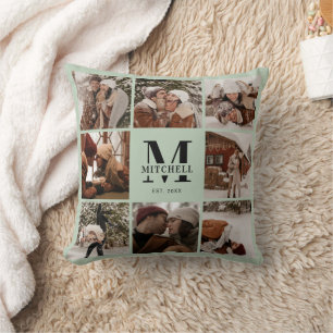 Elegant Modern Family Photo Collage Sage Green Throw Pillow