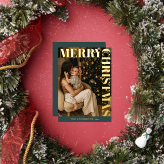 Elegant Modern Family Photo Green Merry Christmas Foil Holiday Card