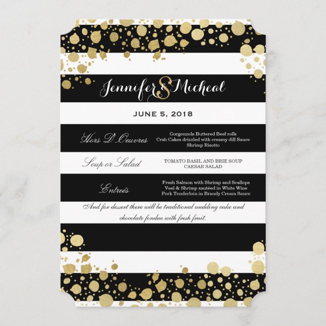 Elegant Modern Faux Gold Splatters and Stripes Menu (Front)