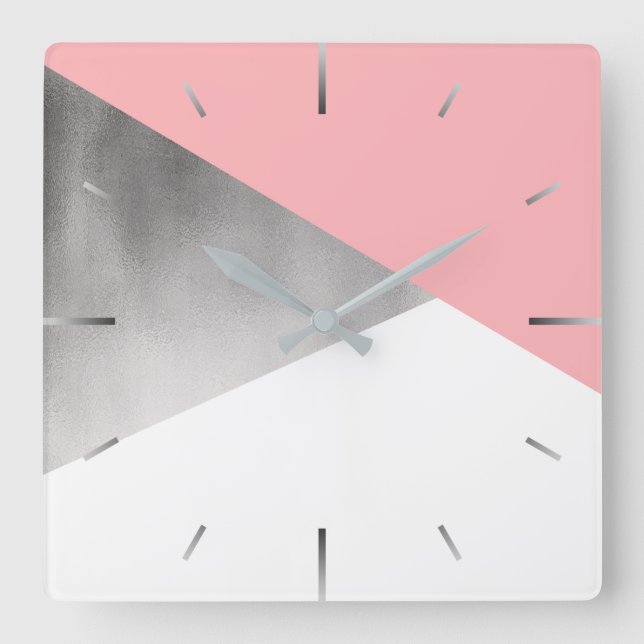 elegant modern faux silver blush pink geometric square wall clock (Front)